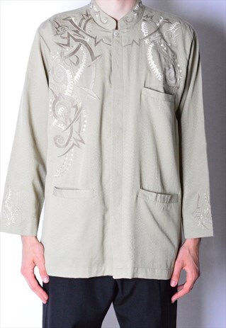 VINTAGE 70S KHAKI EMBROIDERED COLLARLESS SHIRT
