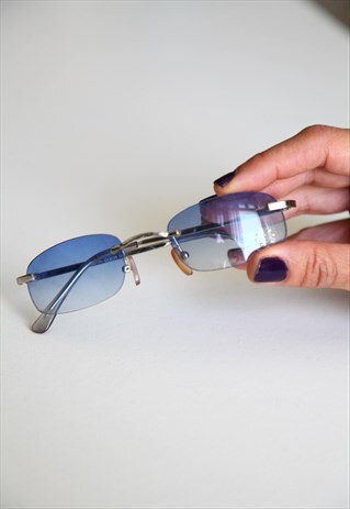 VINTAGE CHROME RIMLESS FRAME, BLUE LENSES