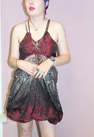 90'S VINTAGE RED AND BEIGE STRAPPY LACE UP DETAIL DRESS