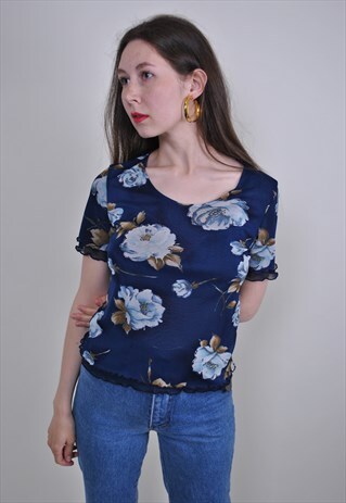90S FLORAL LACE BLOUSE, VINTAGE BLACK PULLOVER SHIRT, SIZE M