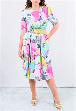 Vintage 80s dress in rainbow floral pattern viscose