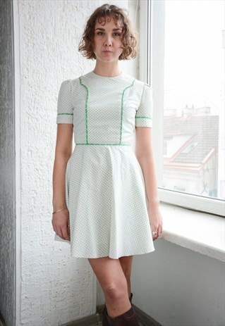 Vintage 70's White/Green Polka Dot Puff Sleeved Mini Dress