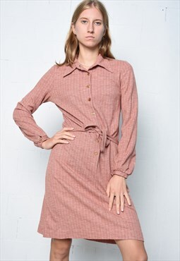 Vintage 70s button front belted long sleeves midi dress 