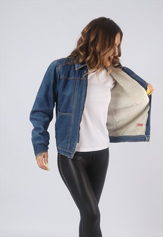 VINTAGE SHERPA LINED DENIM JACKET UK 8 XS (B3C)
