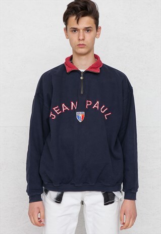 VINTAGE NAVY RED JEAN PAUL 1/4 ZIP PULLOVER SWEATSHIRT