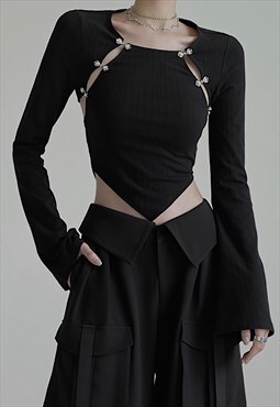 Pearl-buckle Accent Bell-sleeve Asymmetric Top in Black