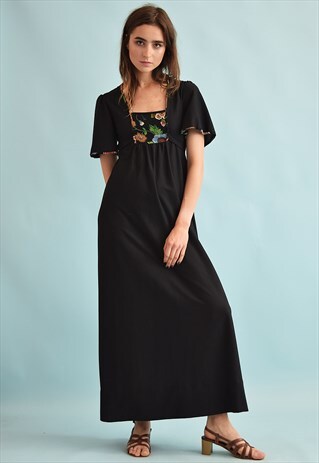 70'S RETRO FLORAL PRINT FULL LENGTH SMOCK MAXI DRESS