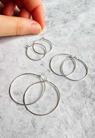 PLAIN HOOP EARRINGS 3 PAIR SET SILVER-TONE