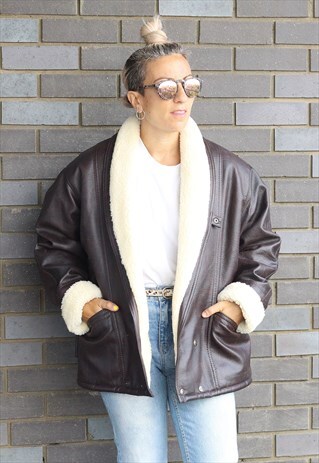 VINTAGE 1990S BROWN LEATHER SHEEPSKIN OVERSIZED AVIATOR COAT