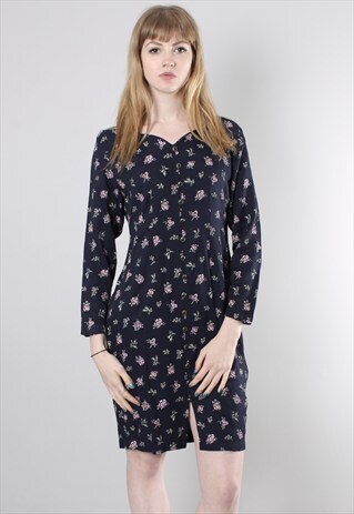 VINTAGE 80S BLUE FLORAL PATTERNED BUTTON DRESS
