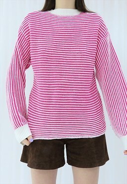 90s Vintage Pink & White Striped Knitted Jumper (Size M)