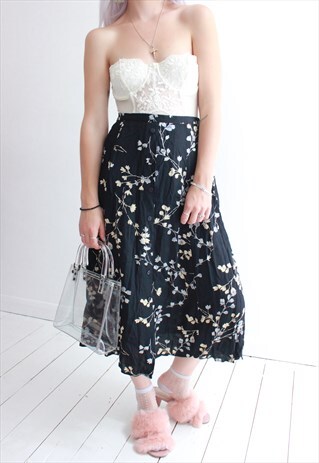 VINTAGE 80S NAVY BLUE FLORAL SUMMER MIDI SKIRT