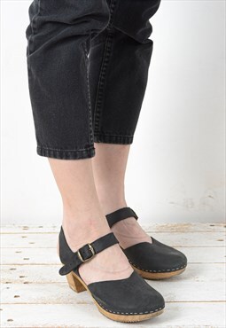MOHEDA Women Leather Heels Swedish Ankle Strap Wood Sandals