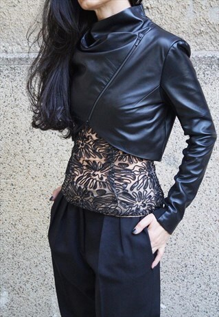 BLACK FAUX LEATHER JACKET ZIPPER SHORT CASUAL BLAZER F1689