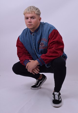 VINTAGE 90'S PADDED DENIM BASEBALL VARSITY JACKET SIZE LARGE