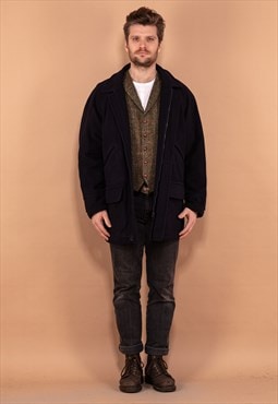Vintage 90's Men Zip Up Wool Blend Coat in Dark Blue
