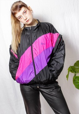 80s vintage 90s sports black pink nylon zip-off wind jacket