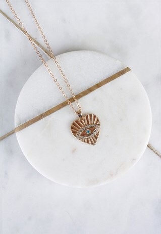 GOLD DIAMANTE EVIL EYE DAINTY CHARM HEART PENDANT NECKLACE