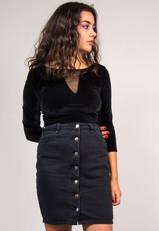 90'S VINTAGE BLACK VELVET MESH INSERT BODYSUIT