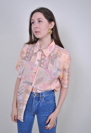 80S PINK FLORAL BLOUSE, VINTAGE ABSTRACT BEIGE SHIRT