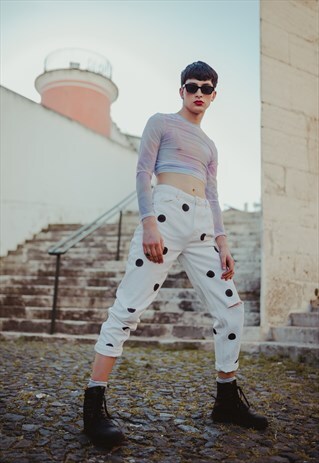 HAND PAINTED WHITE DENIM MOM JEANS POLKA DOTS