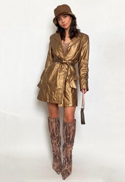vintage gold belted leather trench coat