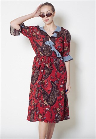 VINTAGE 90S FRILL DETAIL WRAP UP PAISLEY PATTERN MIDI DRESS