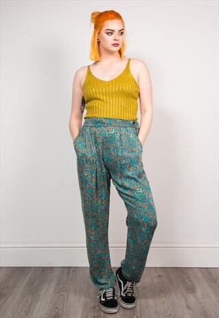 90'S VTG BLUE FLORAL PATTERN HIPPIE BOHO WIDE LEG TROUSERS