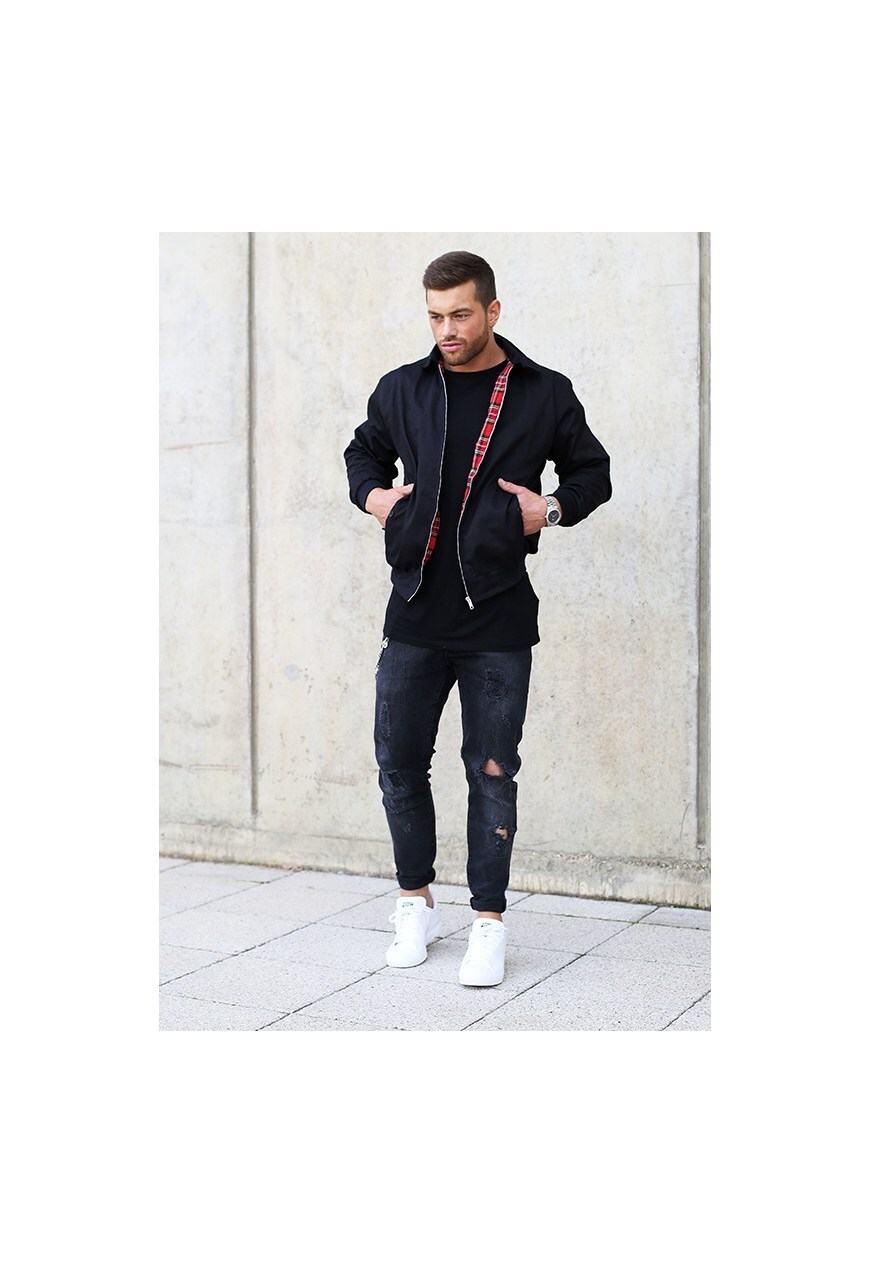 Men's Black Bomber Jacket, Black Polo, Black Sweatpants, Black Leather Low  Top Sneakers | Lookastic