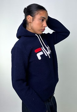 Navy Blue 90s FILA Embroidered Sherpa Spellout Fleece Hoodie
