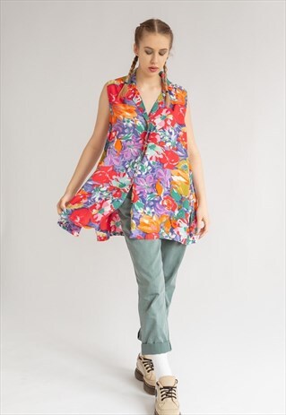 VINTAGE 80S SLEEVELESS BUTTON UP PROLONGED FLORAL TOP M/L
