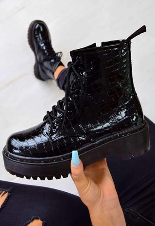 CHUNKY PLATFORM LACE UP ANKLE BOOTS - BLACK CROC