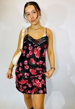 Vintage Size S Floral Satin Slip Dress in Multi