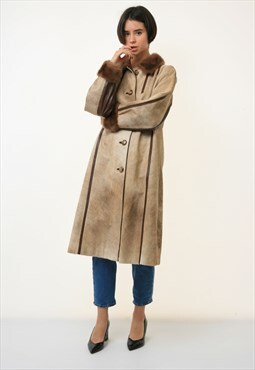 Woman Retro Wool Long Maxi Coat Leather size M Medium 3360