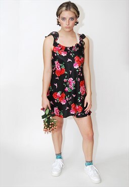 Floral Slip Dress (S) vintage y2k black frill lingerie mini