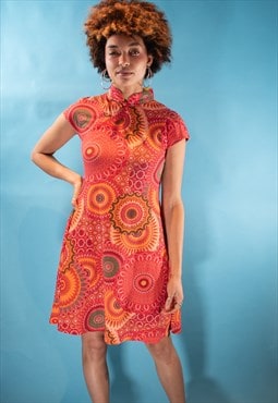 Vintage 1990s Y2K Size M Mandala Mandarin Dress in Orange.