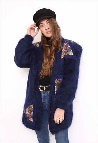 VINTAGE 80S MOHAIR NAVY EMBELLISHED KNIT CARDIGAN