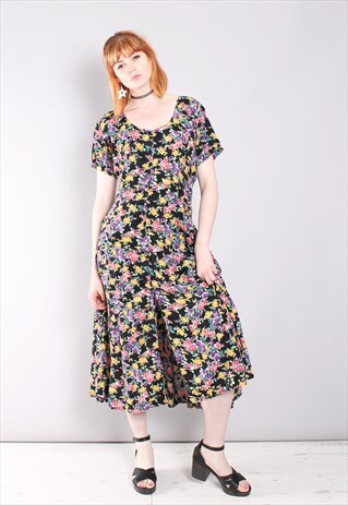 VINTAGE 80S FLORAL BUTTON THIGH SPLIT MIDI DRESS