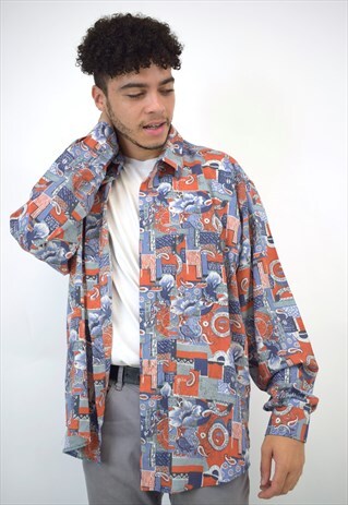 VINTAGE 90S RED BLUE MIXED PRINT SHIRT