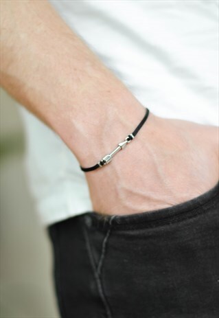 MEN'S BRACELET SILVER ARROW CHARM BLACK CORD GIFT FOR HIM