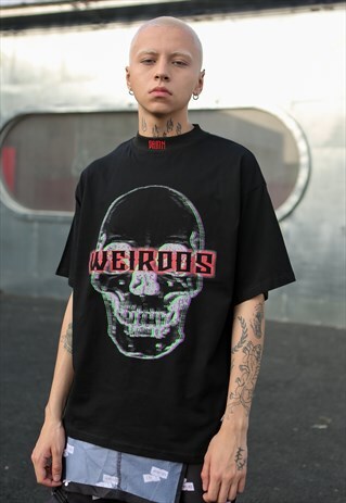 HIGH NECK SLOGAN EMBROIDERED LOOSE TEE IN BLACK SKULL PRINT