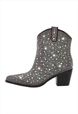 Rhinestone Pointed Toe Chunky Heel Western Boots