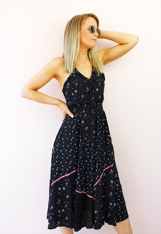 VINTAGE 80'S BLACK FLORAL HALTERNECK A LINE MIDI DAY DRESS