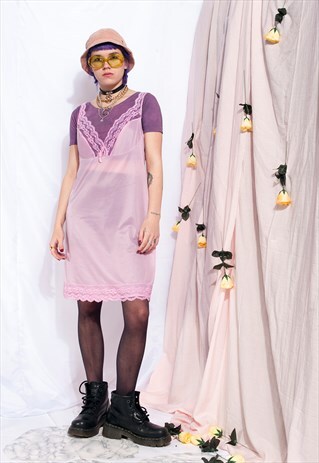VINTAGE SLIP DRESS 70S LACE SHEER PASTEL PINK FESTIVAL CAMI