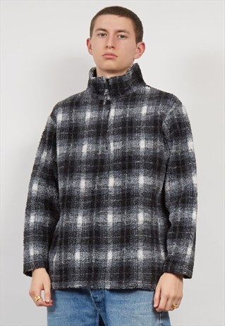 VINTAGE 90'S MONOCHROME CHECK QUARTER ZIP TEDDY FLEECE
