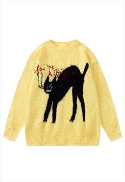 Cat print sweater yellow knitted kidcore jumper fluffy top