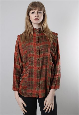 VINTAGE 80S SILK TARTAN CHECK PLEATED BLOUSE