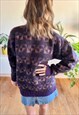 1980'S VINTAGE PURPLE AND GREEN GEOMETRIC KNIT WOOL PULLOVER