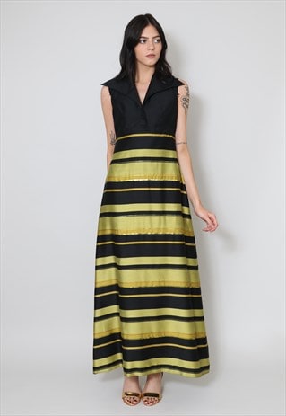 70's Ladies Black Dress Sleeveless Yellow Gold Lurex Maxi