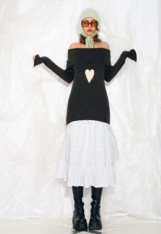 VINTAGE Y2K OFF SHOULDER KNIT JUMPER IN GREY W HEART